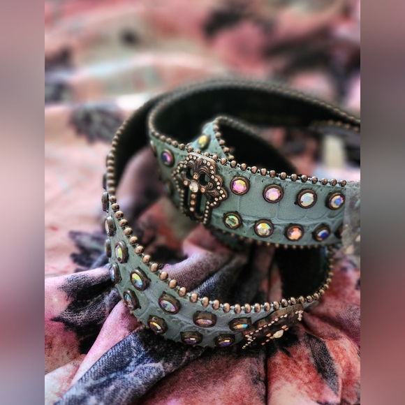 Nocona Alligator Rhinestone Studded Genuine Leather Turquoise Green Leather Belt - Picture 5 of 7